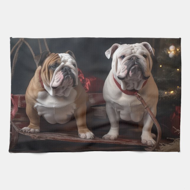 Bulldog Snowy Sleigh-juldekalor Kökshandduk (Horisontell)