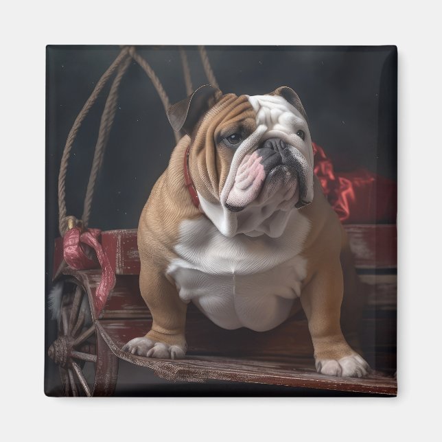 Bulldog Snowy Sleigh-juldekalor Magnet (Framsidan)