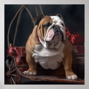 Bulldog Snowy Sleigh Juldekoration Poster