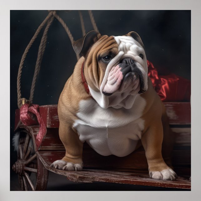 Bulldog Snowy Sleigh Juldekoration Poster (Framsidan)