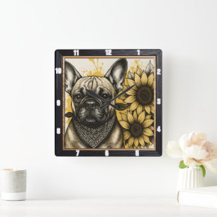 Bulldog Solrosgrafik Fyrkantig Klocka