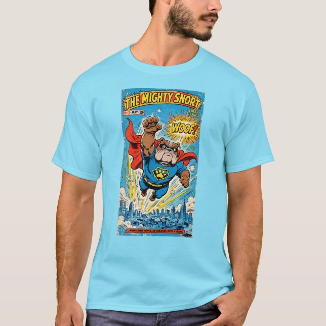 Bulldog Superhero Flying with Cape T Shirt (Framsida)