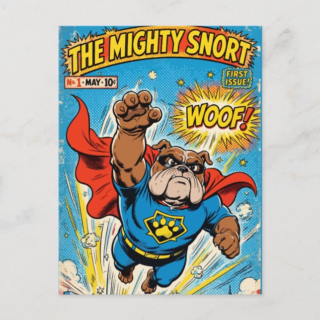 Bulldog Superhero Flying with Cape Vykort (Framsida)