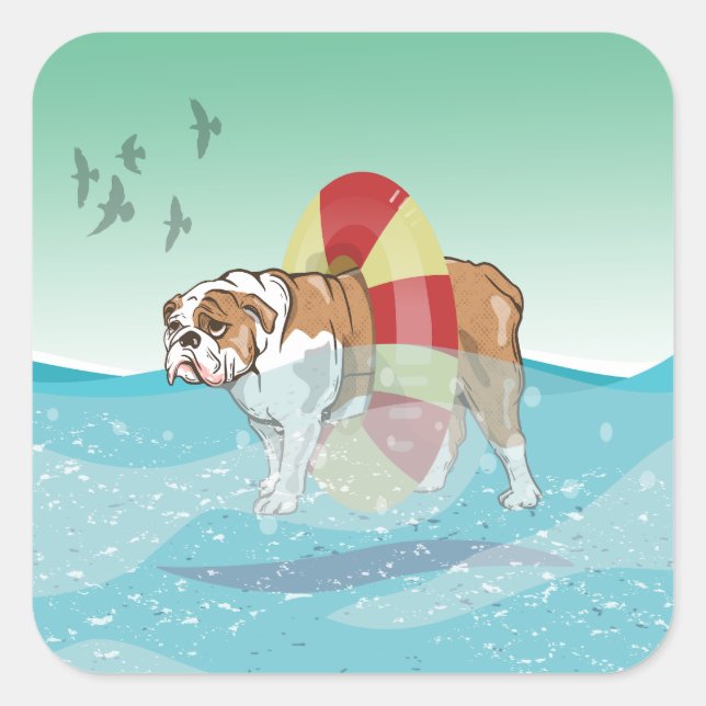 Bulldog Swimming i havet Fyrkantigt Klistermärke (Framsida)