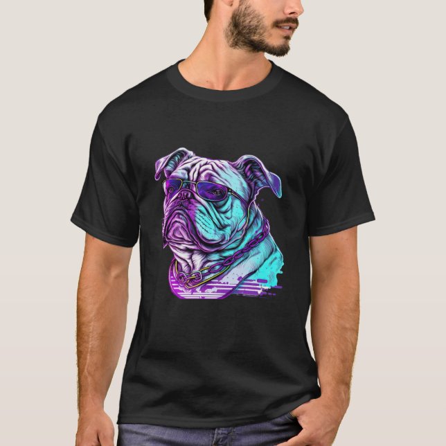 Bulldog Synthwave 80s Retrowave Aesthetic T Shirt (Framsida)