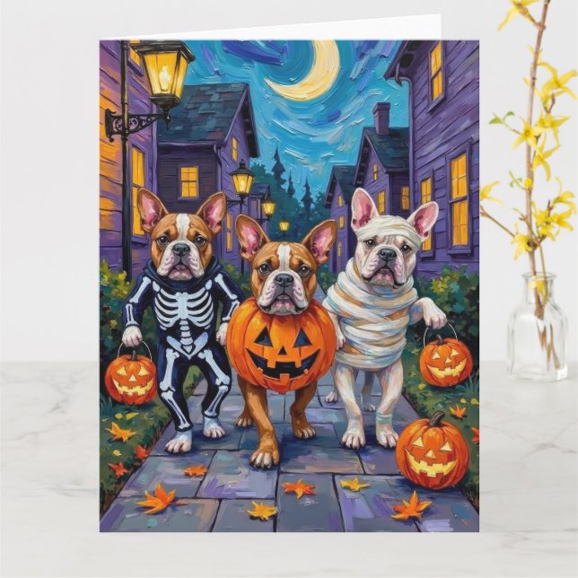 Bulldog Trick eller Treating in Halloween Costumes Kort (Gul blomma)