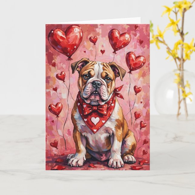 Bulldog Valentine’s Day Dog with Hearts Red Kort (Gul blomma)