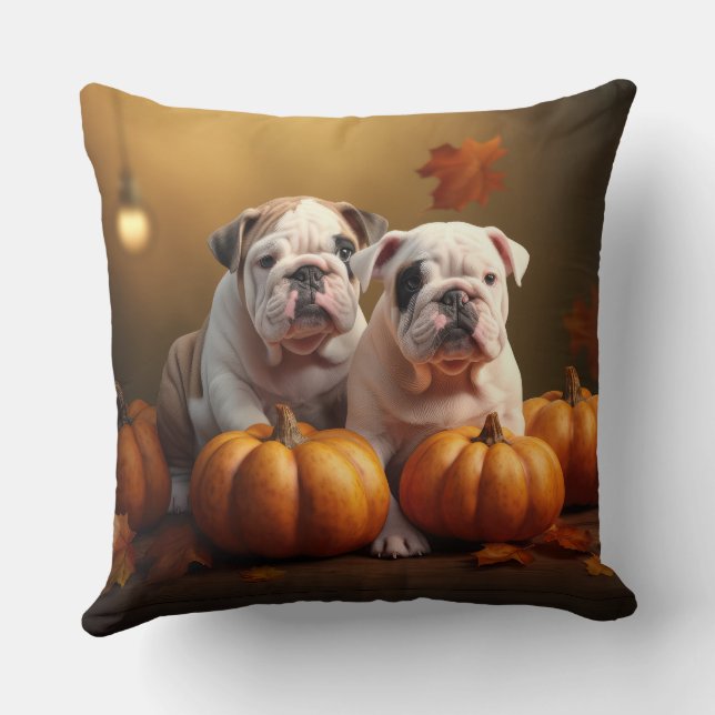 Bulldog Valp Höstglädje Pumpa Kudde (Baksida)