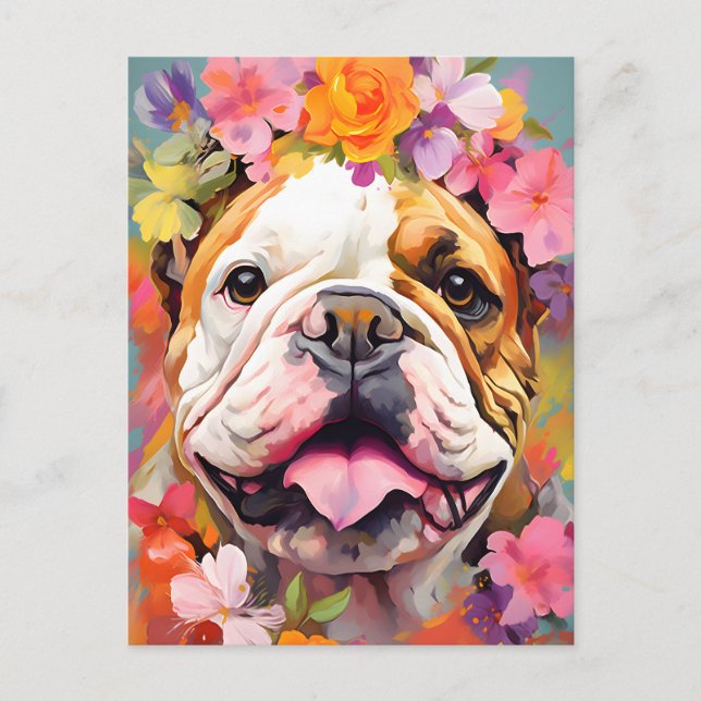 Bulldog Vår blommor Vykort (Framsida)