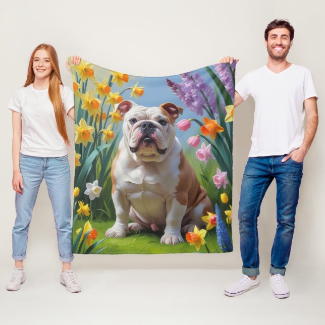 Bulldog Vårblommor Målning Fleecefilt (På plats)