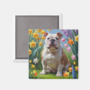 Bulldog vårblommor målning magnet