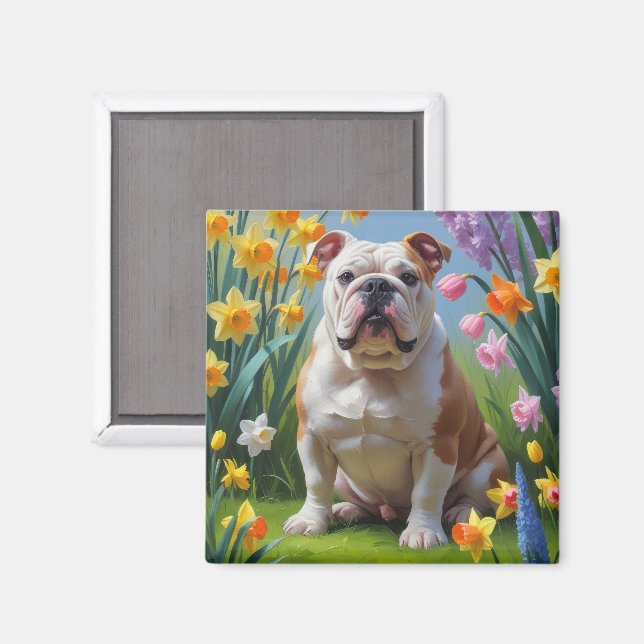 Bulldog vårblommor målning magnet (Front/Back)