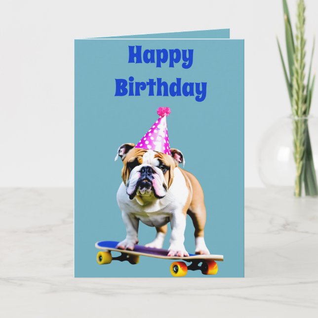 Bulldog vid födelsedag Hat på Skateboard Kort (Framsida)
