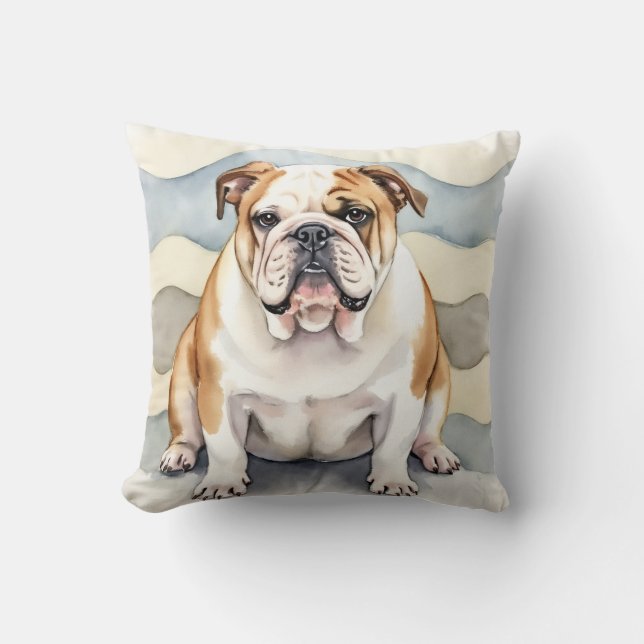 Bulldog Watercolor Mjuk Vågig Konst Kudde (Framsida)