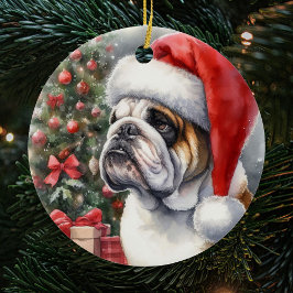 Bulldog Wearing a Santa Hat jul Julgransprydnad Keramik