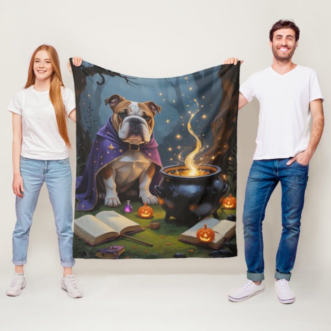 Bulldog Whimsical Halloween-målning Fleecefilt (På plats)
