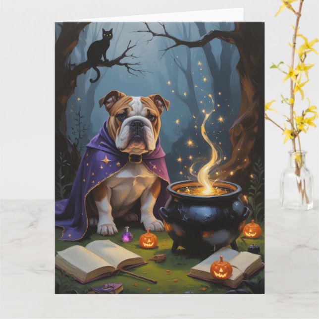 Bulldog Whimsical Halloween-målning Kort (Gul blomma)