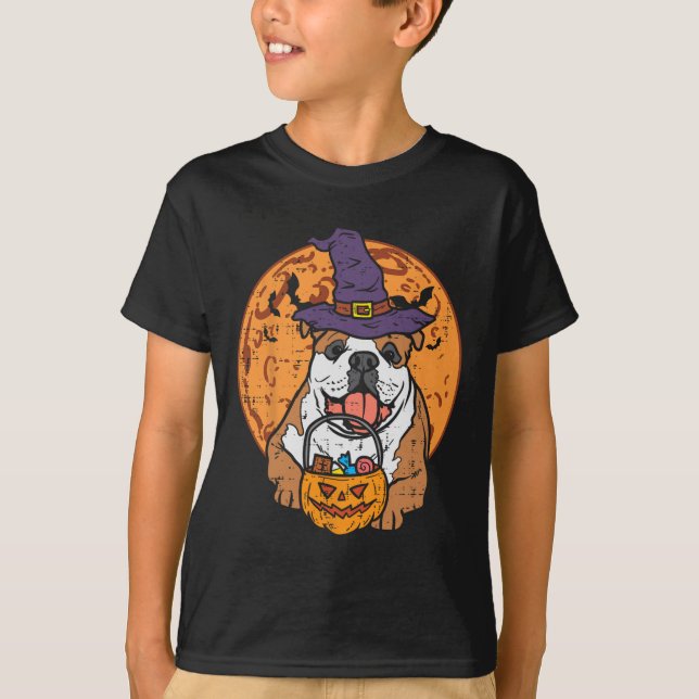 Bulldog Witch Hat Måne Jack o lantern Halloween Do T Shirt (Framsida)