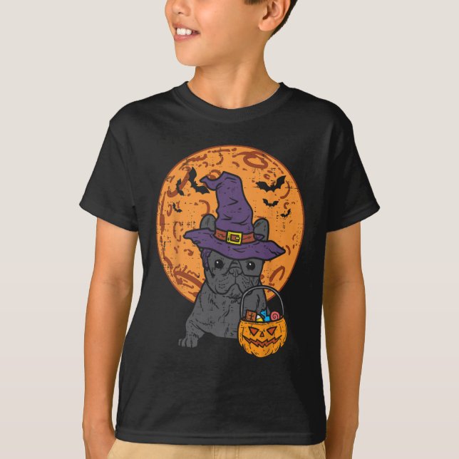 Bulldog Witch Måne Pumpkin Halloween Frenchie Hund T Shirt (Framsida)
