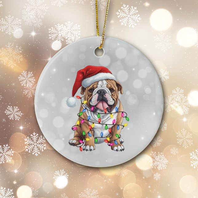 Bulldog Wrapped i Ljus på jul Julgransprydnad Keramik (Skapare uppladdad)