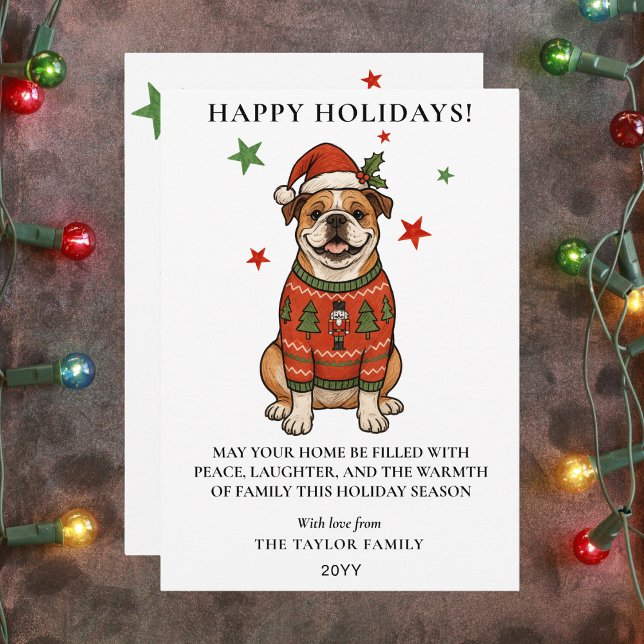 Bulldogg Fultålig Jultröja Hund Tomtehatt Julkort (Bulldog Ugly Sweater Christmas Dog Santa Hat Holiday Card
)