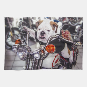 Bulldogg på motorcykeln kökshandduk