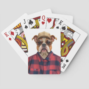 Bulldogg som bär hatt och flanellskjorta casinokort