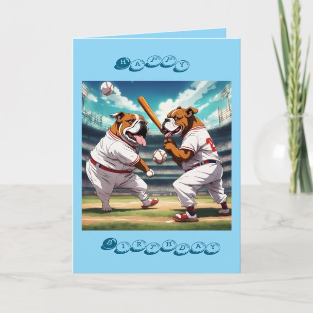 Bulldoggar som spelar baseboll Grattis på födelsed Kort (Framsida)