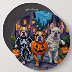 Bulldoggar som trick-or-treater i Halloween-kostym Knapp
