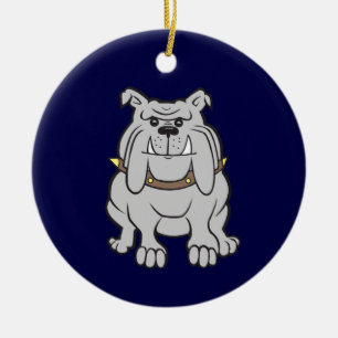 Bulldoggmaskot på blått julgransprydnad keramik