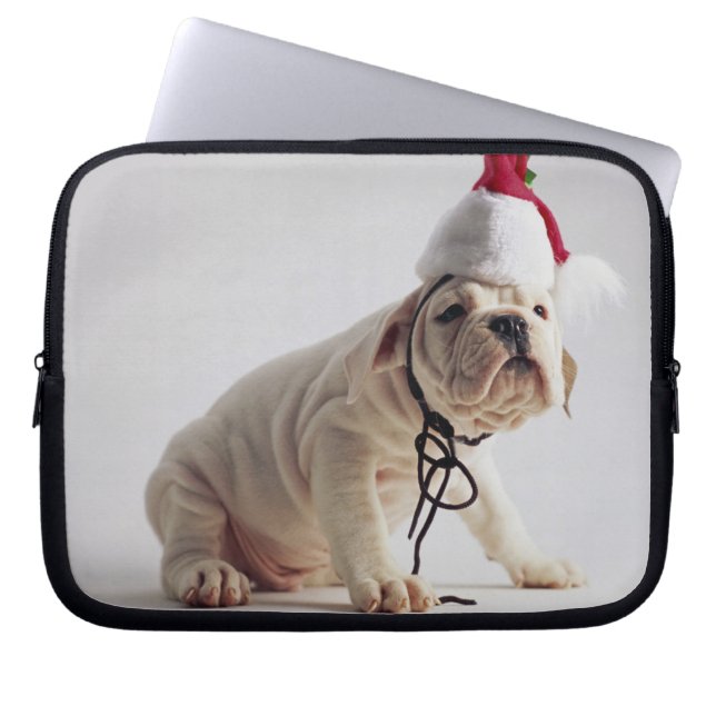 Bulldoggvalp som ha på sig den Santa hatten Laptop Sleeve (Framsidan)