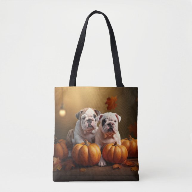 Bulldogpuppy Höstglädje Pumpa Tygkasse (Framsida)