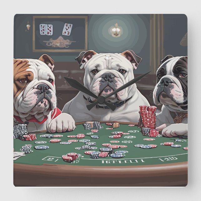 Bulldogs playing poker fyrkantig klocka (Framsida)