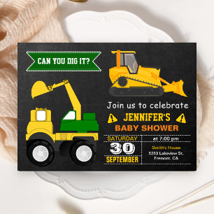 Bulldozer Byggtema Baby Shower Inbjudningar