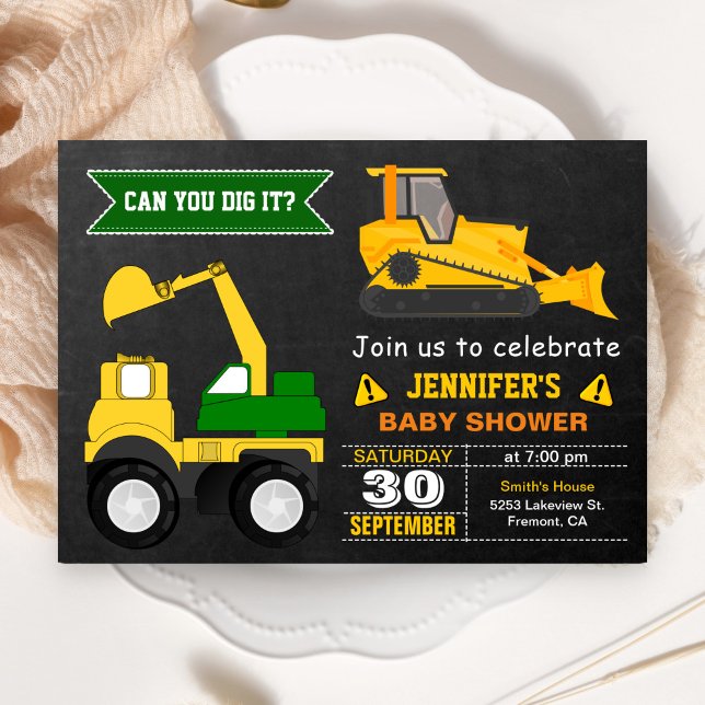 Bulldozer Byggtema Baby Shower Inbjudningar (Skapare uppladdad)
