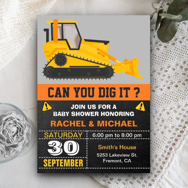 Bulldozer Byggtema Baby Shower Inbjudningar (Skapare uppladdad)