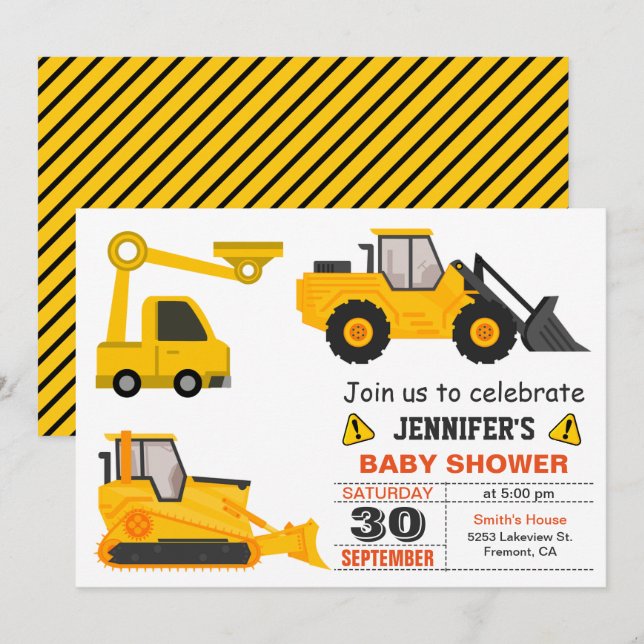 Bulldozer Byggtema Baby Shower Inbjudningar (Fram/baksida)