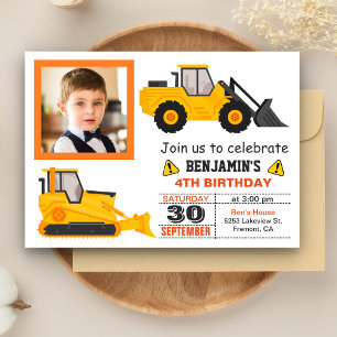 Bulldozer Konstruktion Barn Kalas Foto Inbjudan