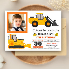 Bulldozer Konstruktion Barn Kalas Foto Inbjudan