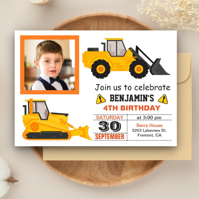 Bulldozer Konstruktion Barn Kalas Foto Inbjudan (Skapare uppladdad)