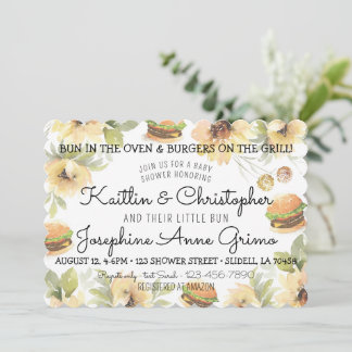 Bulle i ugnen och burgare på grillen inbjudningar