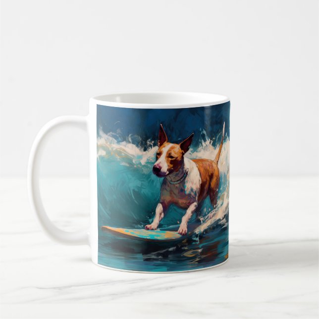 Buller Terrier Beach Surfing Painting Kaffemugg (Vänster)