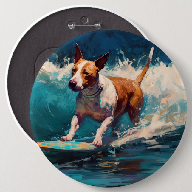 Buller Terrier Beach Surfing Painting Knapp (Framsida & baksida)