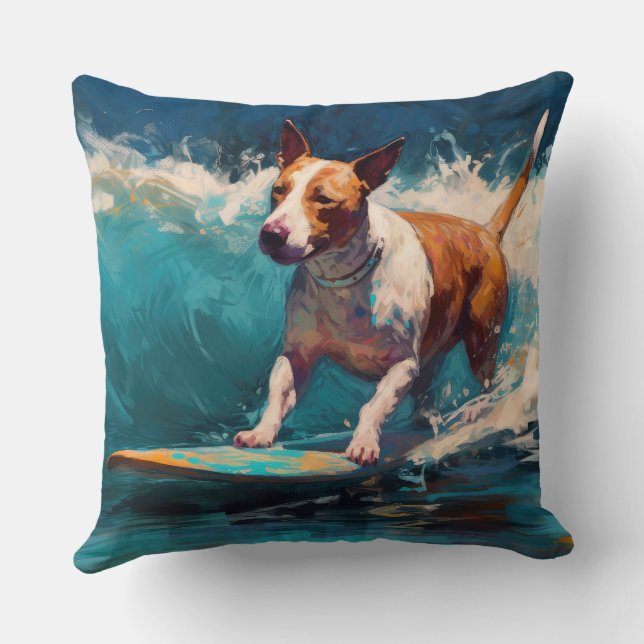 Buller Terrier Beach Surfing Painting Kudde (Baksida)