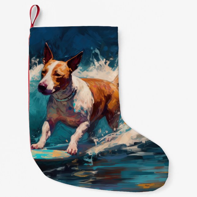 Buller Terrier Beach Surfing Painting Liten Julstrumpa (Framsidan)