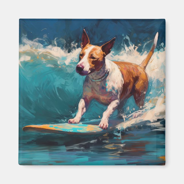 Buller Terrier Beach Surfing Painting Magnet (Framsidan)
