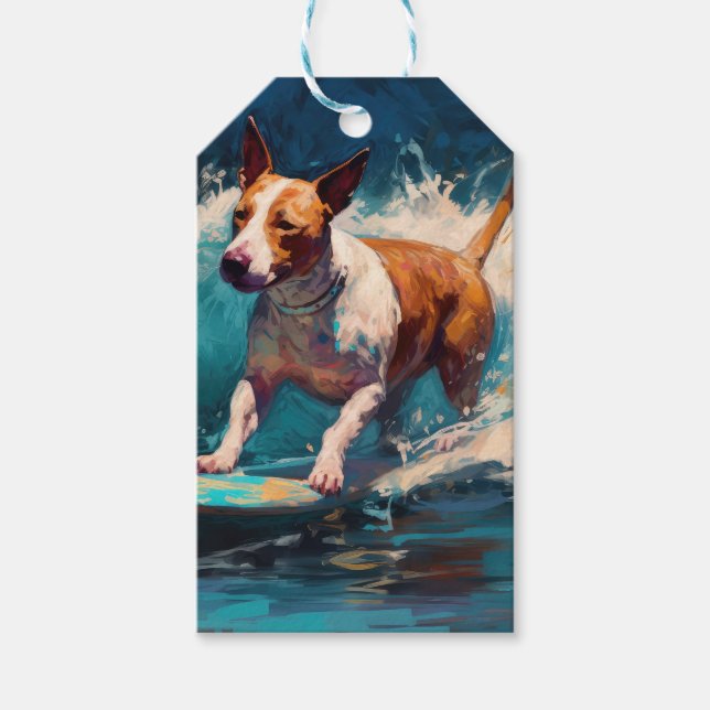 Buller Terrier Beach Surfing Painting Presentetikett (Framsidan)