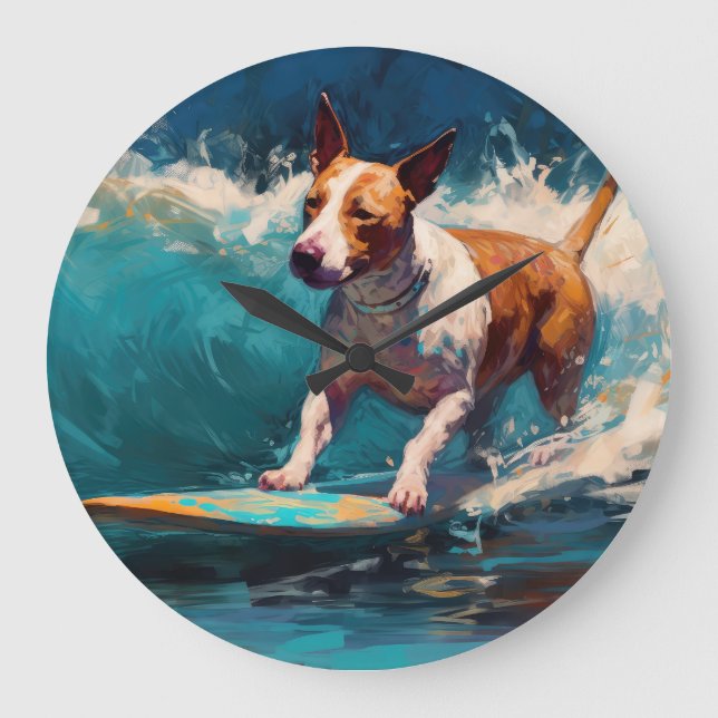 Buller Terrier Beach Surfing Painting Stor Klocka (Framsida)