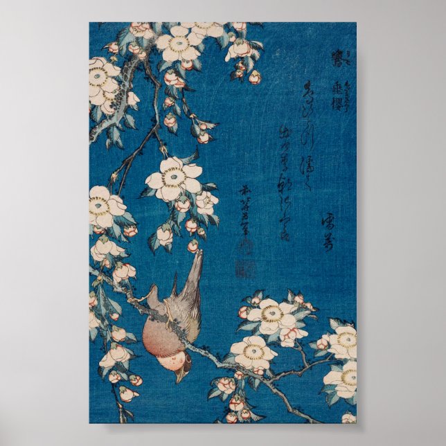 Bullfinch on a Weeping Cherry Gren av Hokusai Poster (Framsidan)