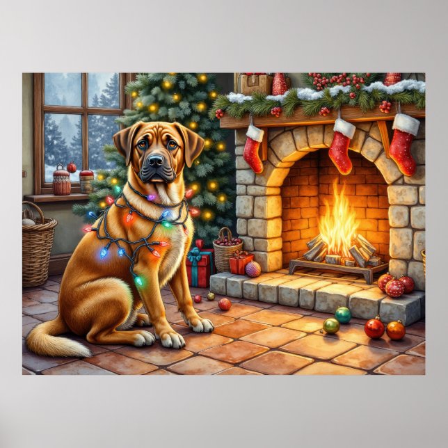 Bullmastiff Eldstad med julbelysning Poster (Framsidan)